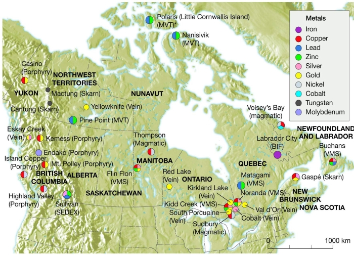 Refer to the Canadian metallic deposits map (fig.20.4)to answer the question(s)below. -Put a diamond around any three base metal deposits associated with intermediate to felsic plutons emplaced in a convergent margin setting.