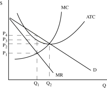 <strong>Use Figure 8.1, which represents the situation faced by a monopolist, to answer the following questions. Figure 8.1 The firm depicted in Figure 8.1 is:</strong> A) earning a positive economic profit. B) incurring an economic loss and should shut down. C) incurring an economic loss but it should continue to operate in the short run so long as price exceeds average variable costs. D) earning a zero economic profit.
