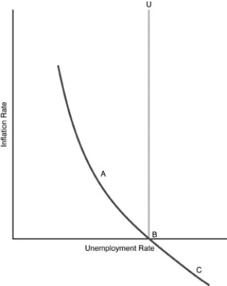 -Use the above figure.Assuming that policy actions are unanticipated,if the economy is at point A and the policy makers want to get to point B,they could