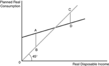 -Refer to the above figure.The figure represents the consumption function for a consumer.The distance between C and D represents