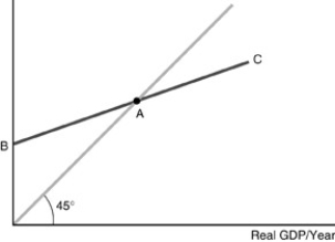 -The above figure shows a consumption function and a 45-degree line.Real consumption is a function of disposable income.Why is real GDP used here instead? What is measured along the vertical axis? What is measured by point B? Explain the significance of point A.