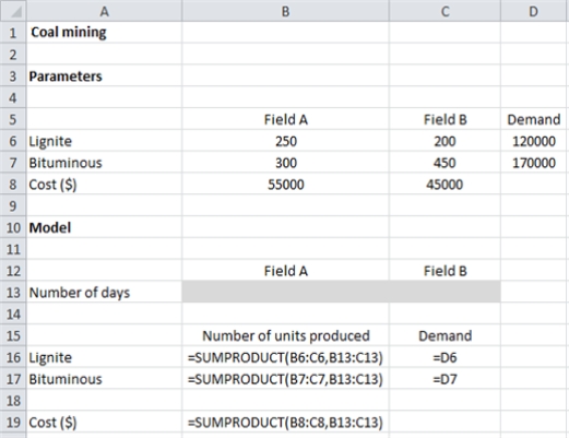 ​ Let A = number of days Field A operates B = number of days Field B operates Min 55,000A + 45,000B s.t. 250A + 200B = 120000 300A + 450B = 170000 A, B … 0 ​      