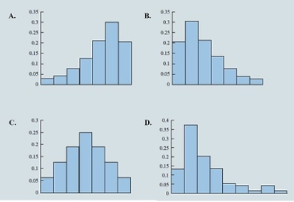 <strong>Select the histogram that is moderately skewed right. </strong> A)A B)B C)C D)D