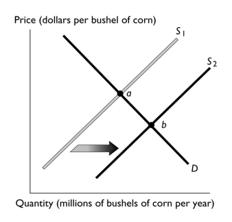 -The above figure illustrates the market for corn.If point a represents the original equilibrium and point b the new equilibrium, which of the following could have caused the change?