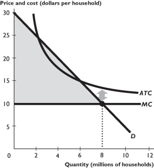 The figure above shows a natural monopoly regulated using a marginal cost pricing rule. -In the figure above, the dark triangle is the