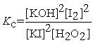 <strong>Write the equilibrium constant expression for the following reaction: 2 KI(aq) + H2O2(aq) ⇌ 2 KOH(aq) + I2(aq)</strong> A)   B) Kc = [I2] C) Kc = [I2]2 D)   E)   <div style=padding-top: 35px> 