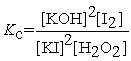 <strong>Write the equilibrium constant expression for the following reaction: 2 KI(aq) + H2O2(aq) ⇌ 2 KOH(aq) + I2(aq)</strong> A)   B) Kc = [I2] C) Kc = [I2]2 D)   E)   <div style=padding-top: 35px> 