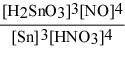 <strong>Write the equilibrium constant expression for the reaction: 3 Sn(s) + 4 HNO3(aq) + H2O(l) ⇌ 3 H2SnO3(s) + 4 NO(g)</strong> A) Kc = B) Kc = C) Kc = D) Kc = E) Kc =