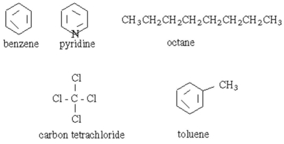 <strong>Which of the following organic substances is most readily soluble in water? </strong> A) benzene B) pyridine C) octane D) carbon tetrachloride E) toluene