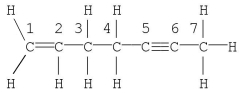 <strong>Which statement is correct for the structure shown? </strong> A) Carbon no. 1 is described by sp3 hybridization. B) The molecule contains 19 σ bonds. C) Carbon no. 2 is described by sp2 hybridization. D) The molecule contains a total of five π bonds. E) Carbon no. 7 is described by sp hybridization.