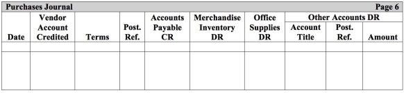 \begin{array} { | l | l | } \hline \text { oct } 1 & \text { Purchased merchandise inventory on account with credit terms of } 1 / 10 , \mathrm { n } / 30 \text { from Rice } \\ & \text { Co., } \$ 2,100 . \\ \hline 10 & \text { Purchased office supplies on account from MET Co., } \$ 250 \text {. Terms were n/EOM. } \\ \hline 26 & \text { Purchased furniture on account with credit terms of } 2 / 10 , \mathrm { n } / 60 \text { from Ocean Co., } \$ 1,700 \\ \hline & \\ \hline \end{array} Use the following purchases journal to record the preceding transactions.