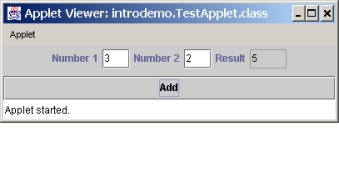 Design and create GUI applications Write a Java applet to add two numbers from text fields, and displays the result in a non-editable text field. Enable your applet to run standalone with a main method. A sample run of the applet is shown in the following figure.