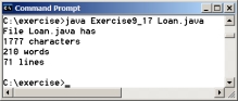 Text I/O Write a program that will count the number of characters (excluding control characters '\r' and '\n'), words, and lines, in a file. Words are separated by spaces, tabs, carriage return, or line-feed characters. The file name should be passed as a command-line argument, as shown in the following sample run.