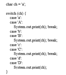 <strong>What is the printout of the following switch statement? </strong> A) ab B) a C) aa D) abc E) abcd