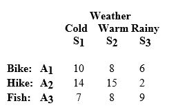 A group of friends are planning a recreational outing and have constructed the following payoff table to help them decide which activity to engage in. Assume that the payoffs represent their level of enjoyment for each activity under the various weather conditions. If the group is optimistic, what decision should they make?