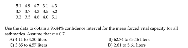 Find the confidence interval specified. Physiologists often use the forced vital capacity as a way to assess a person's ability to move air in and out of their lungs. A researcher wishes to estimate the forced vital capacity of people suffering From asthma. A random sample of 15 asthmatics yields the following data on forced vital capacity, In liters.