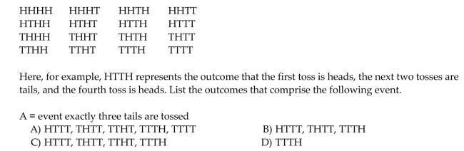 List the outcomes comprising the specified event. When a quarter is tossed four times, 16 outcomes are possible.