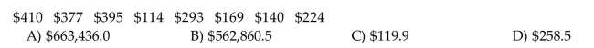 Find the sample standard deviation for the given data. Round your final answer to one more decimal place than that usedfor the observations. To get the best deal on a CD player, Tom called eight appliance stores and asked the cost of a specific model. The prices he was quoted are listed below: