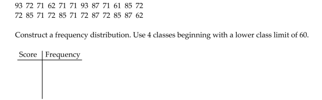Use cutpoint grouping to organize these data into a frequency distribution. On a math test, the scores of 24 students were