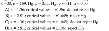Use the one-proportion z-test to perform the specified hypothesis test. Use the critical-value approach.
