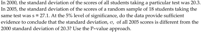 Perform the required chi-square hypothesis test. Preliminary data analyses and other information indicate that it isreasonable to assume that the variable under consideration is normally distributed. Use the critical-value approach or theP-value approach as indicated.