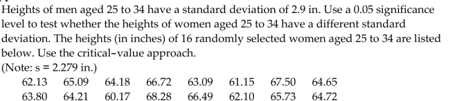 Perform the required chi-square hypothesis test. Preliminary data analyses and other information indicate that it isreasonable to assume that the variable under consideration is normally distributed. Use the critical-value approach or theP-value approach as indicated.