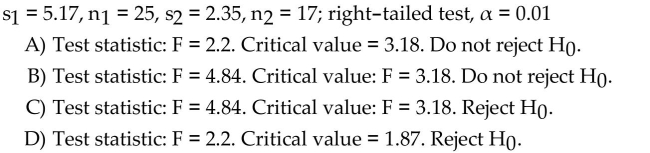 The sample standard deviations and sample sizes are given for independent simple random samples from twopopulations. Use the two-standard-deviations F-test to conduct the required hypothesis test.