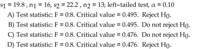 The sample standard deviations and sample sizes are given for independent simple random samples from twopopulations. Use the two-standard-deviations F-test to conduct the required hypothesis test.