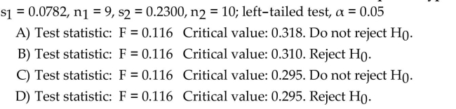 The sample standard deviations and sample sizes are given for independent simple random samples from twopopulations. Use the two-standard-deviations F-test to conduct the required hypothesis test.