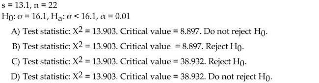 A sample standard deviation and sample size are given. Use the one-standard-deviation x<sup>2</sup>-test to conduct the requiredhypothesis test.