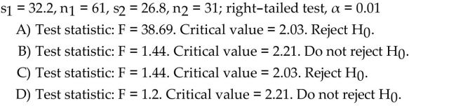 The sample standard deviations and sample sizes are given for independent simple random samples from twopopulations. Use the two-standard-deviations F-test to conduct the required hypothesis test.