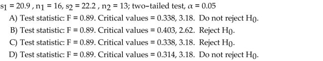 The sample standard deviations and sample sizes are given for independent simple random samples from twopopulations. Use the two-standard-deviations F-test to conduct the required hypothesis test.