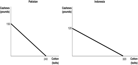 <strong>Figure 2-7 Figure 2-7 shows the production possibilities frontiers for Pakistan and Indonesia. Each country produces two goods, cotton and cashews. Refer to Figure 2-7.What is the opportunity cost of producing 1 pound of cashews in Indonesia?</strong> A) 3/8 of a bolt of cotton B) 5/8 of a bolt of cotton C) 2 2/3 bolts of cotton D) 320 bolts of cotton