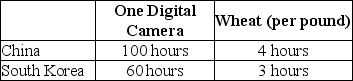 Table 2-4 Table 2-4 shows the number of labor hours required to produce a digital camera and a pound of wheat in China and South Korea. -Refer to Table 2-4.South Korea has a comparative advantage in the production of