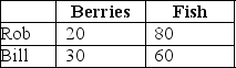 <strong>Table 9-1   Rob Crusoe and Bill Friday spent their week-long vacation on a desert island where they had to find and make their own food. Rob and Bill spent one day each fishing and picking berries. The following table lists the pounds of output Rob and Bill produced. Refer to Table 9-1.Use the table above to select the statement that accurately interprets the data in the table.</strong> A) Rob has an absolute advantage in picking berries and Bill has an absolute advantage in catching fish. B) Bill has an absolute advantage in picking berries and Rob has an absolute advantage in catching fish. C) Bill has an absolute advantage in picking berries and catching fish. D) Rob has an absolute advantage in picking berries and catching fish. <div style=padding-top: 35px> 