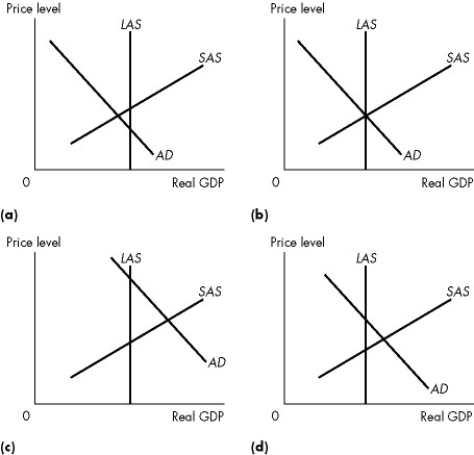 <strong>Use the figure below to answer the following questions. Figure 26.3.3 Refer to Figure 26.3.3.In which of the graphs would we predict that eventually the price level will fall and real GDP will increase,all else remaining the same?</strong> A)(a)only B)(b)only C)(c)only D)(d)only E)(c)and (d)