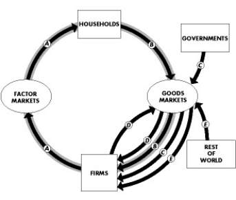 <strong>Use the figure below to answer the following questions. Figure 20.1.1 Refer to Figure 20.1.1,which shows the circular flow of expenditure and income for Venus. During 2012,A was $100,B was $50,C was $30 and D was $10.How much is GDP?</strong> A)$75 B)$50 C)$90 D)$100 E)None of the above