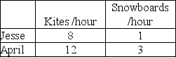 <strong>Table 3.1 Based on the data in Table 3.1, if Jesse and April choose to specialize and trade, then</strong> A) April will specialize in painting kites and trade kites for snowboards. B) April will specialize in painting snowboards and trade snowboards for kites. C) Jesse will specialize in painting snowboards and trade snowboards for kites. D) None of the above; specialization and trade are not beneficial for Jesse and April.