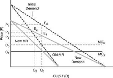 <strong>Figure 17-2 represents a monopolist faced with a decrease in the demand for her product. She initially charges P0 and produces Q0. Figure 17-2 If the firm is able to reduce MC from MC0 to MC1 the firm will produce at point ________ on the new demand curve and lower price to ________.</strong> A) E1; P1 B) E0; P0 C) E2; P2 D) E0 or E1; P0