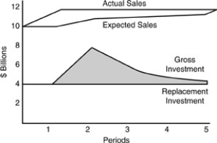 <strong>Figure 16-1 In the figure above, the increase in gross investment lags actual sales because</strong> A) replacement investment is not determined by actual sales. B) expected sales lag actual sales and net investment is determined by expected sales. C) actual sales lag expected sales and net investment is determined by expected sales. D) expected sales lead actual sales and net investment is determined by expected sales.