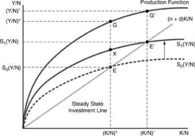 <strong>Figure 10-4 If the economy is characterized by constant returns to scale then a</strong> A) doubling of inputs will lead to a more than two-fold increase in output. B) doubling of inputs will lead to a constant output. C) doubling of inputs will lead to a two-fold increase in output. D) doubling of inputs will lead to a less than two-fold increase in output.