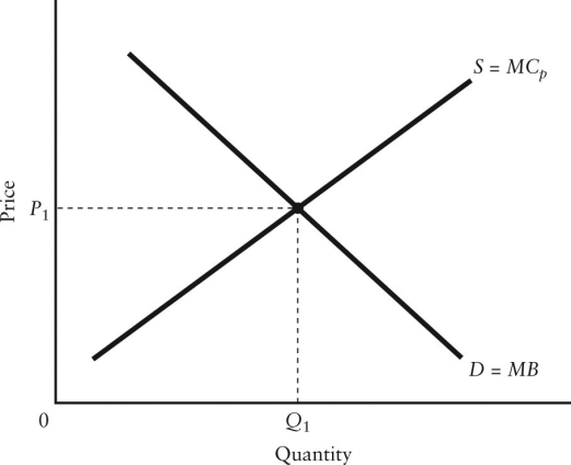 <strong>The diagram below shows demand and supply curves for some perfectly competitive market. FIGURE 16-2 Refer to Figure 16-2.Suppose that the marginal benefit curve (MB)includes all social benefits and that there are no externalities in production.In this case, ________ for allocative efficiency.</strong> A)P1 and Q1 are appropriate B)the price P1 is appropriate but the quantity Q1 is too low C)the price P1 is appropriate but the quantity Q1 is too high D)the price P1 is too low but the quantity Q1 is appropriate E)the price P1 is too high but the quantity Q1 is appropriate