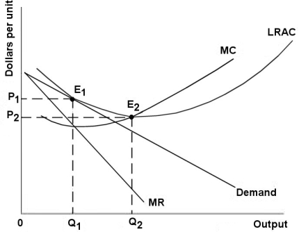 The diagram below shows demand and cost curves for a monopolistically competitive firm. FIGURE 11-3 -Refer to Figure 11-3.If an increase in industry demand led to an outward shift in each firmʹs demand curve,and no change to the firmʹs costs,the typical firm would