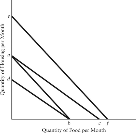 <strong>The diagram below shows a set of budget lines facing a household. FIGURE 6-8 Refer to Figure 6-8.The movement of the budget line from ab to ef could be caused by</strong> A)a decrease in real income. B)an increase in money income. C)an equal percentage increase in the price of both food and housing. D)a decrease in the price of either food or housing. E)an increase in the price of either food or housing.