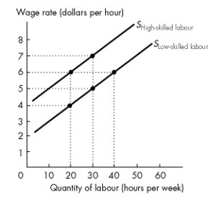 <strong>Use the figure below to answer the following question.   Figure 19.3.4 Refer to Figure 19.3.4.At an employment level of 30 hours per week,the compensation required for the cost of acquiring human capital is</strong> A)$0. B)$2 an hour. C)$4 an hour. D)$6 an hour. E)cannot be determined without knowing the demand for labour. <div style=padding-top: 35px> 
