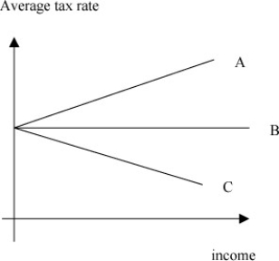 <strong> Using the above figure,which of the lines in the above diagram represents a progressive tax?</strong> A)A B)B C)C D)none of them