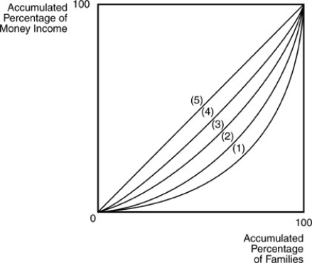 <strong> The most unequal distribution of income in the above figure exists in</strong> A)country 4. B)country 1. C)country 5. D)country 3.