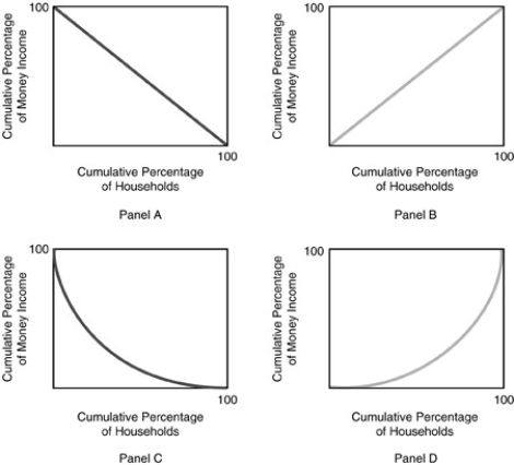 <strong> Refer to the above figure.Which of the above panels represents complete income equality?</strong> A)Panel A B)Panel B C)Panel C D)Panel D