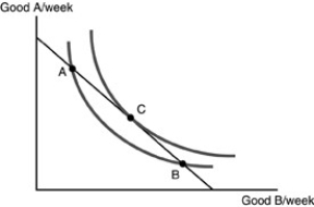 -Refer to the above figure.Given the indifference map and budget constraint represented above the consumer will maximize utility when she consumes at
