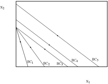 In the diagram below, Marvin's optimal consumption bundles are indicated for five different budget constraints. Sketch the Engel curve for Marvin. Next, use the diagram to sketch Marvin's demand curve for the good on the horizontal axis.